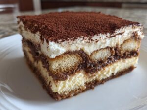 A close-up of a decadent slice of tiramisu cheesecake layered with cream, coffee-soaked ladyfingers, and dusted with cocoa powder.