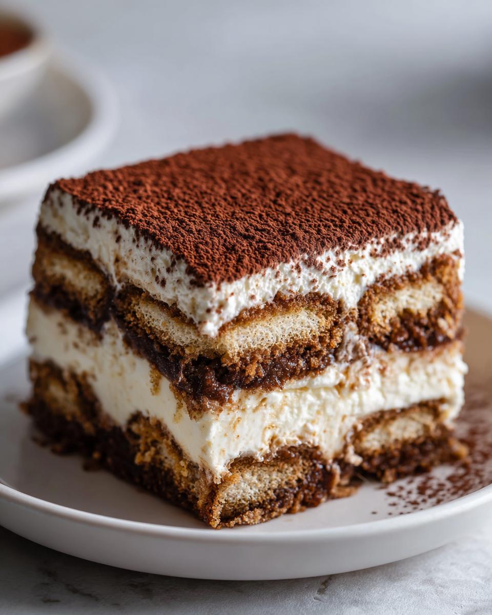 A close-up of a layered slice of tiramisu cheesecake dusted heavily with cocoa powder.