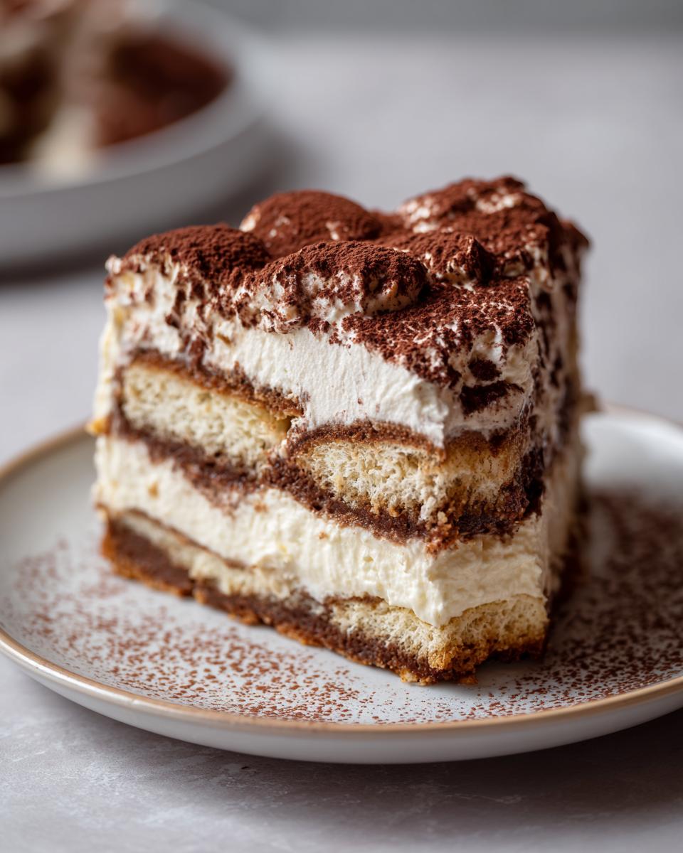 Close-up of a decadent slice of tiramisu cheesecake layered with cream and dusted heavily with cocoa powder.