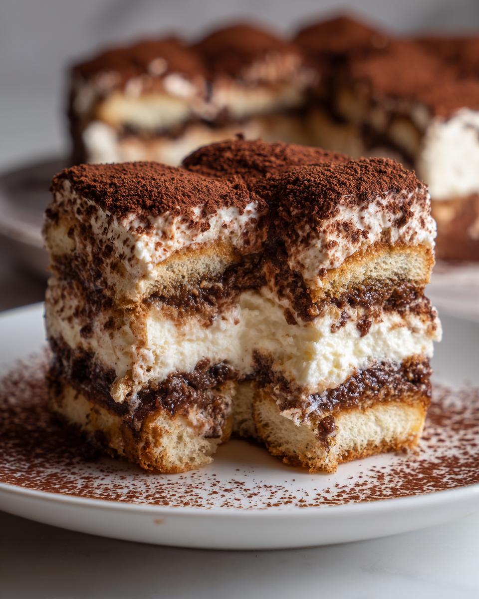 Close-up of a layered slice of tiramisu cheesecake dusted heavily with cocoa powder on a white plate.