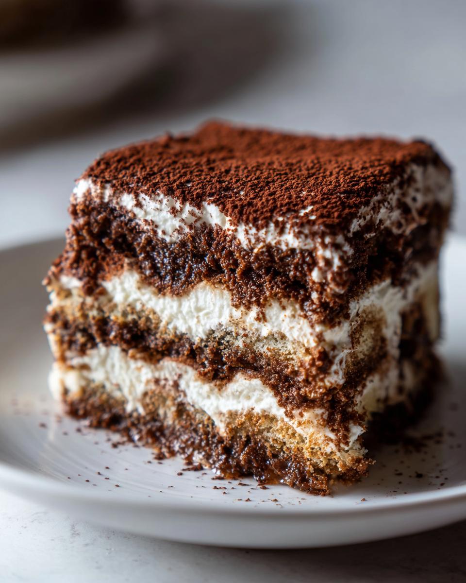Close-up of a decadent slice of tiramisu cheesecake showing layers of cream and coffee-soaked cake, topped with cocoa powder.