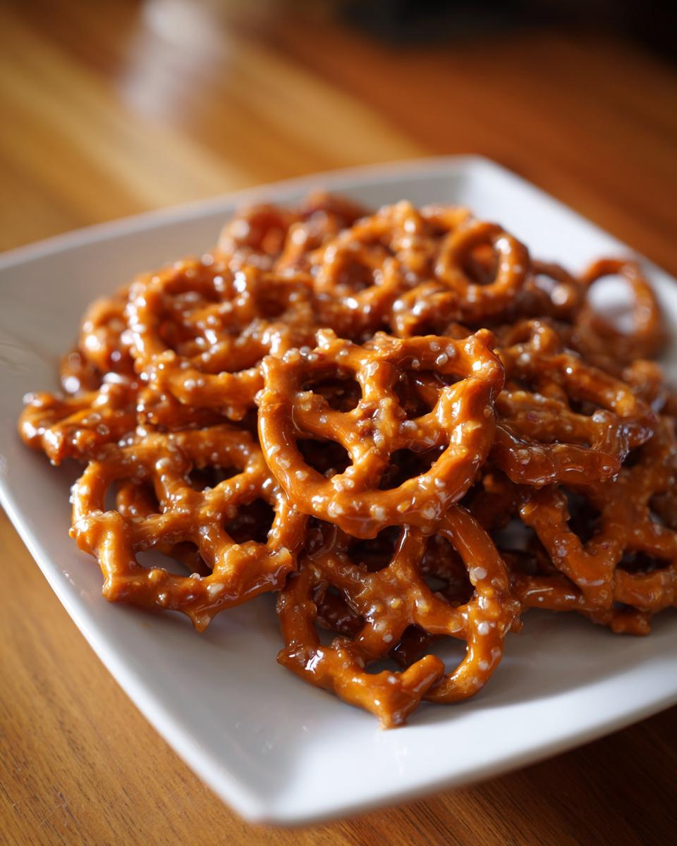 A pile of shiny, glazed toffee pretzels coated in a sticky caramel mixture, served on a white square plate.