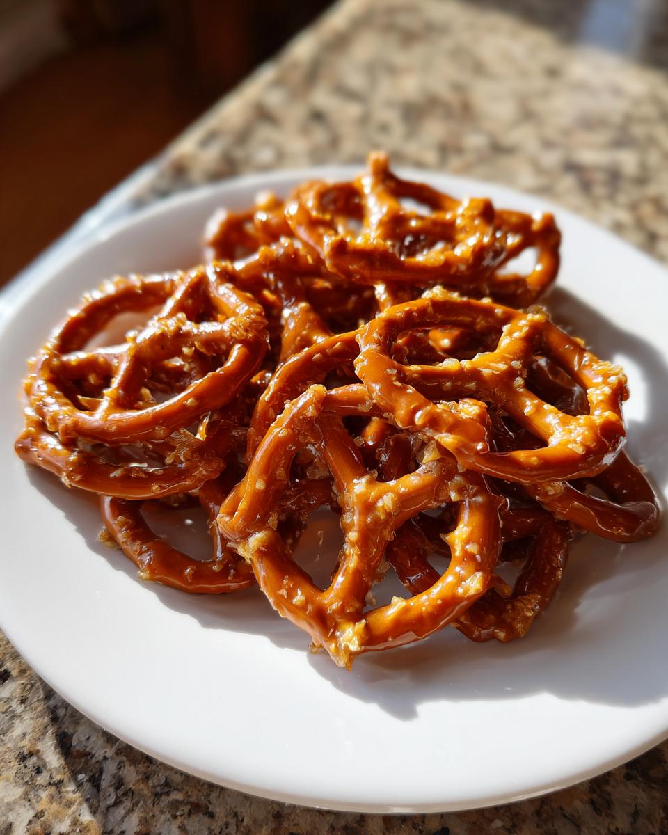 A pile of crunchy, glazed toffee pretzels resting on a white plate, glistening in the sunlight.