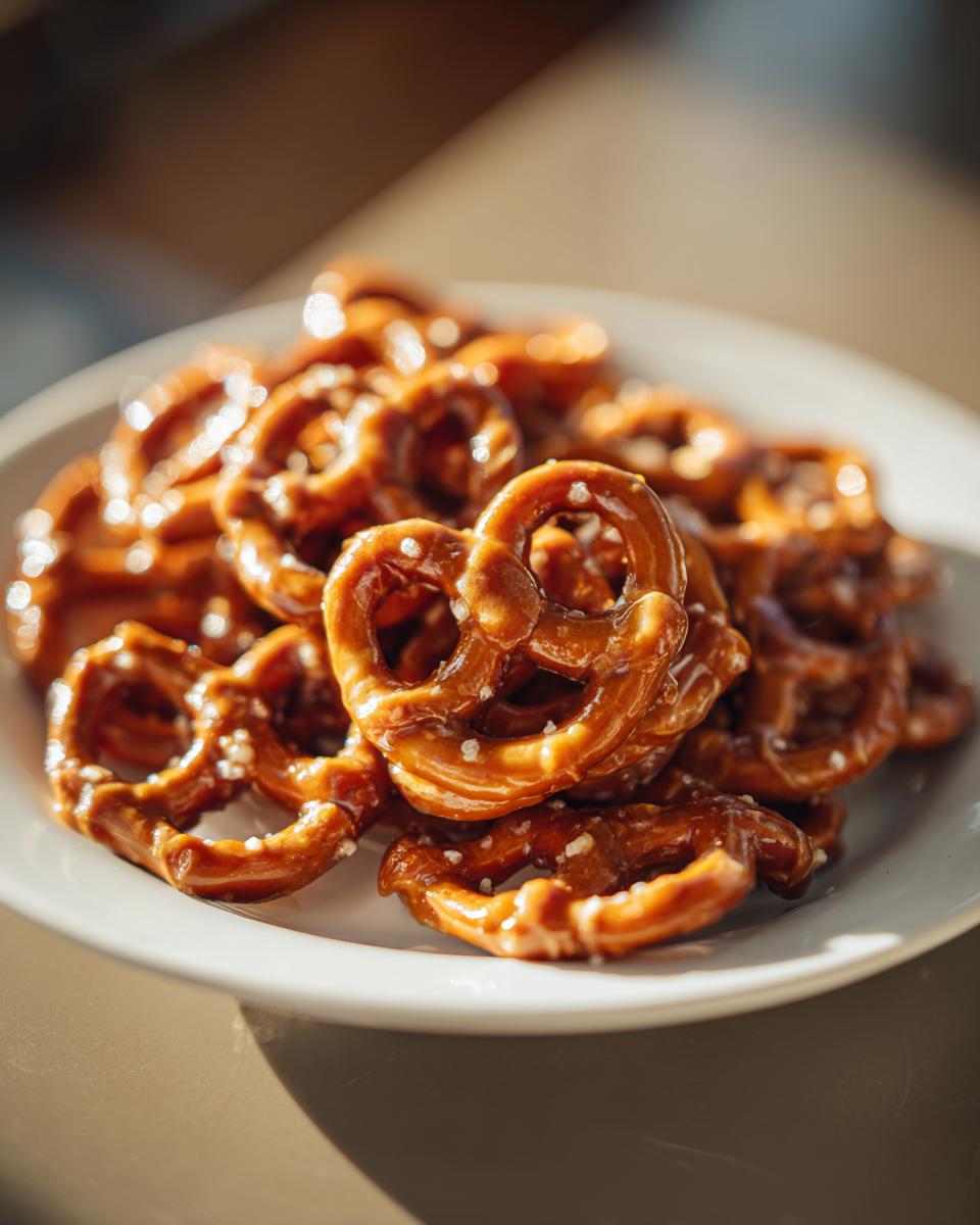 A close-up shot of a pile of shiny, glazed toffee pretzels sprinkled with salt on a white plate.