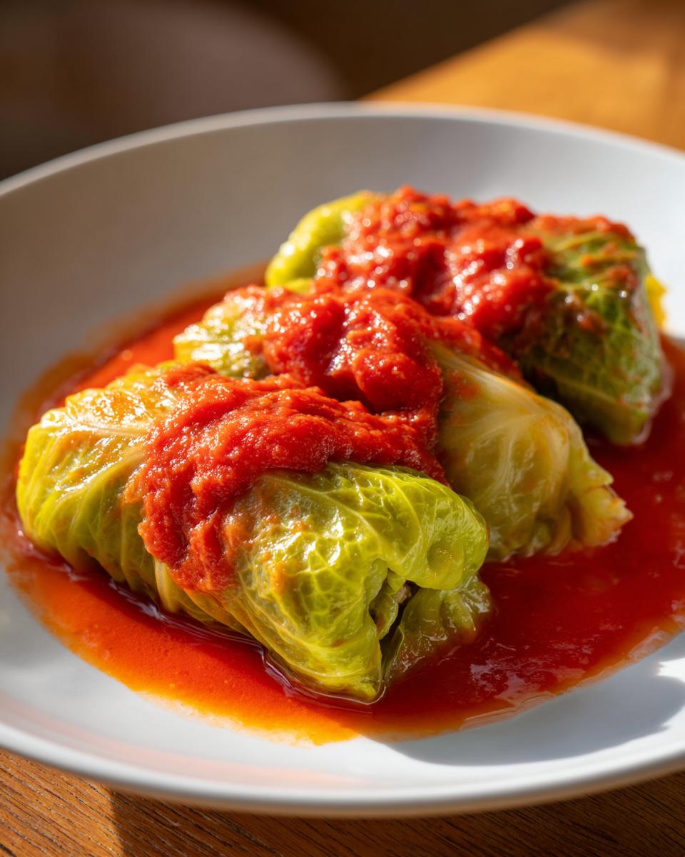Close-up of three savory cabbage rolls smothered in rich tomato sauce, served on a white plate.
