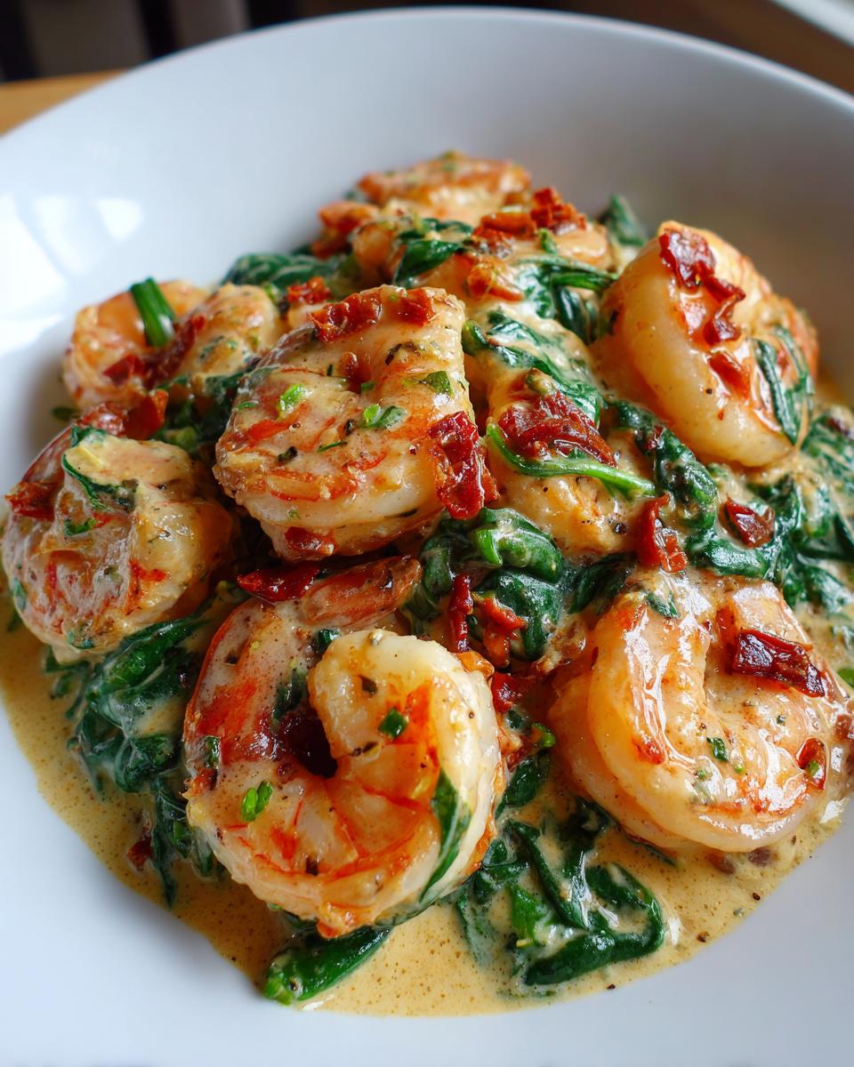 Close-up of succulent shrimp served in a creamy sauce with wilted spinach and sun-dried tomatoes, showcasing the Tuscan shrimp dish.