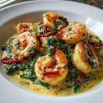 A close-up view of perfectly cooked Tuscan shrimp served in a rich, creamy sauce with wilted spinach and sun-dried tomatoes.