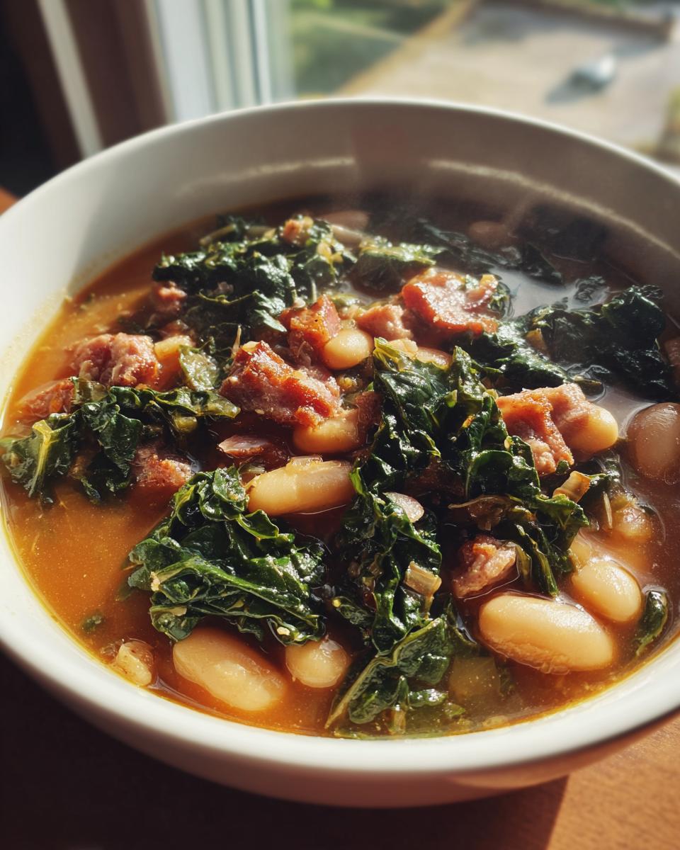 Close-up of a bowl of steaming Tuscan white bean soup featuring cannellini beans, dark green kale, and chunks of sausage.