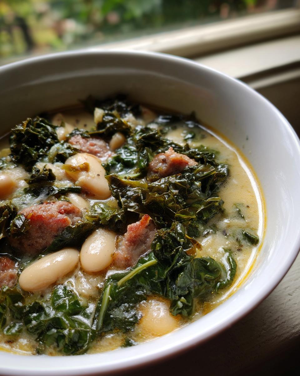 Close-up of a bowl of Tuscan white bean soup featuring cannellini beans, dark green kale, and chunks of sausage in a creamy broth.