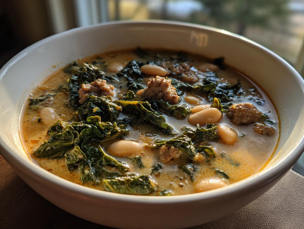 Close-up of a bowl of creamy Tuscan white bean soup featuring kale and crumbled sausage.