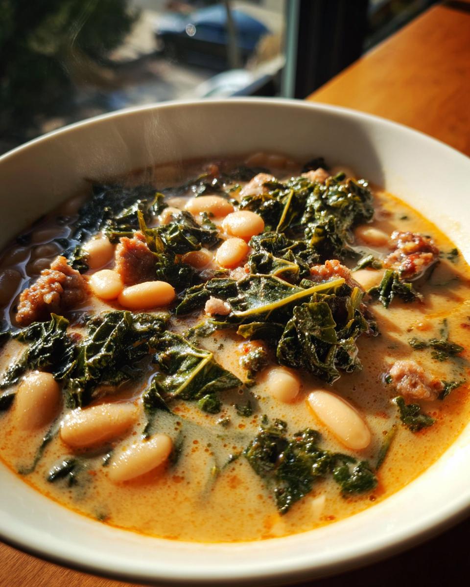 Close-up of hot Tuscan white bean soup featuring creamy broth, cannellini beans, wilted kale, and crumbled sausage.