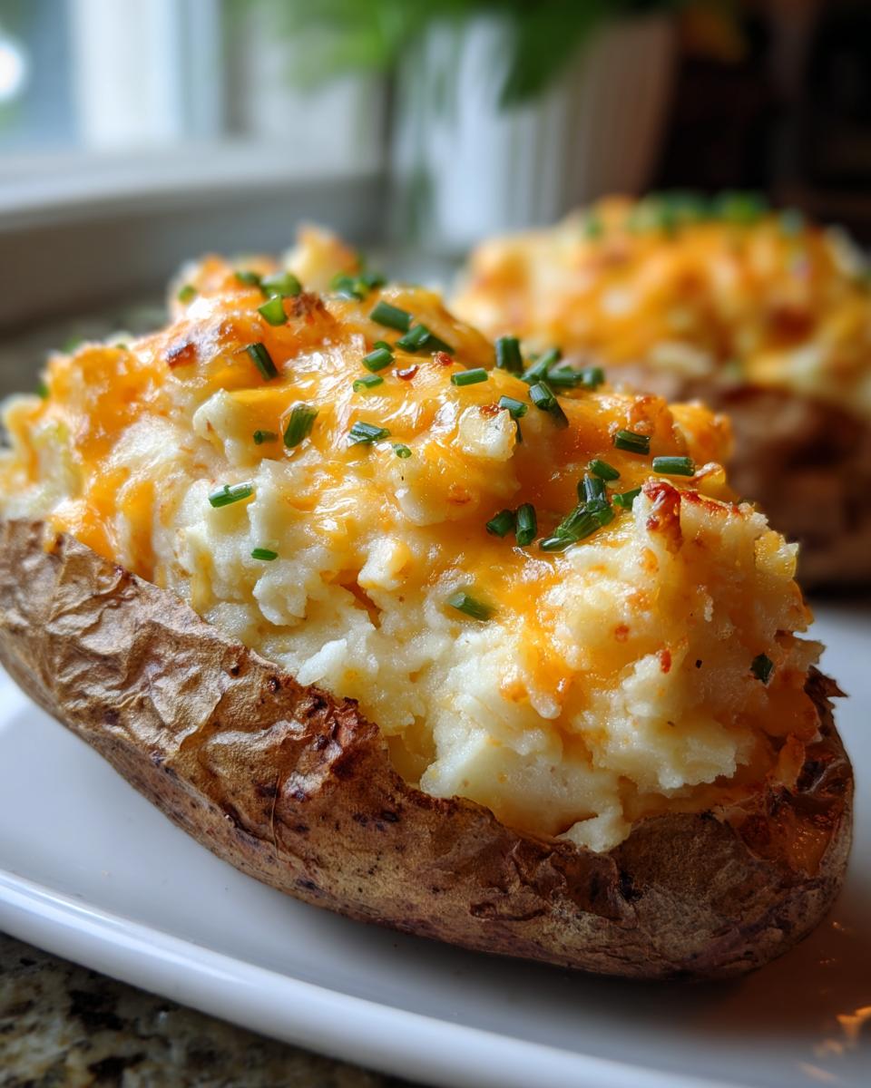 Close-up of a twice baked potato stuffed with creamy filling, melted cheddar cheese, and topped with chives, resembling a potato casserole.