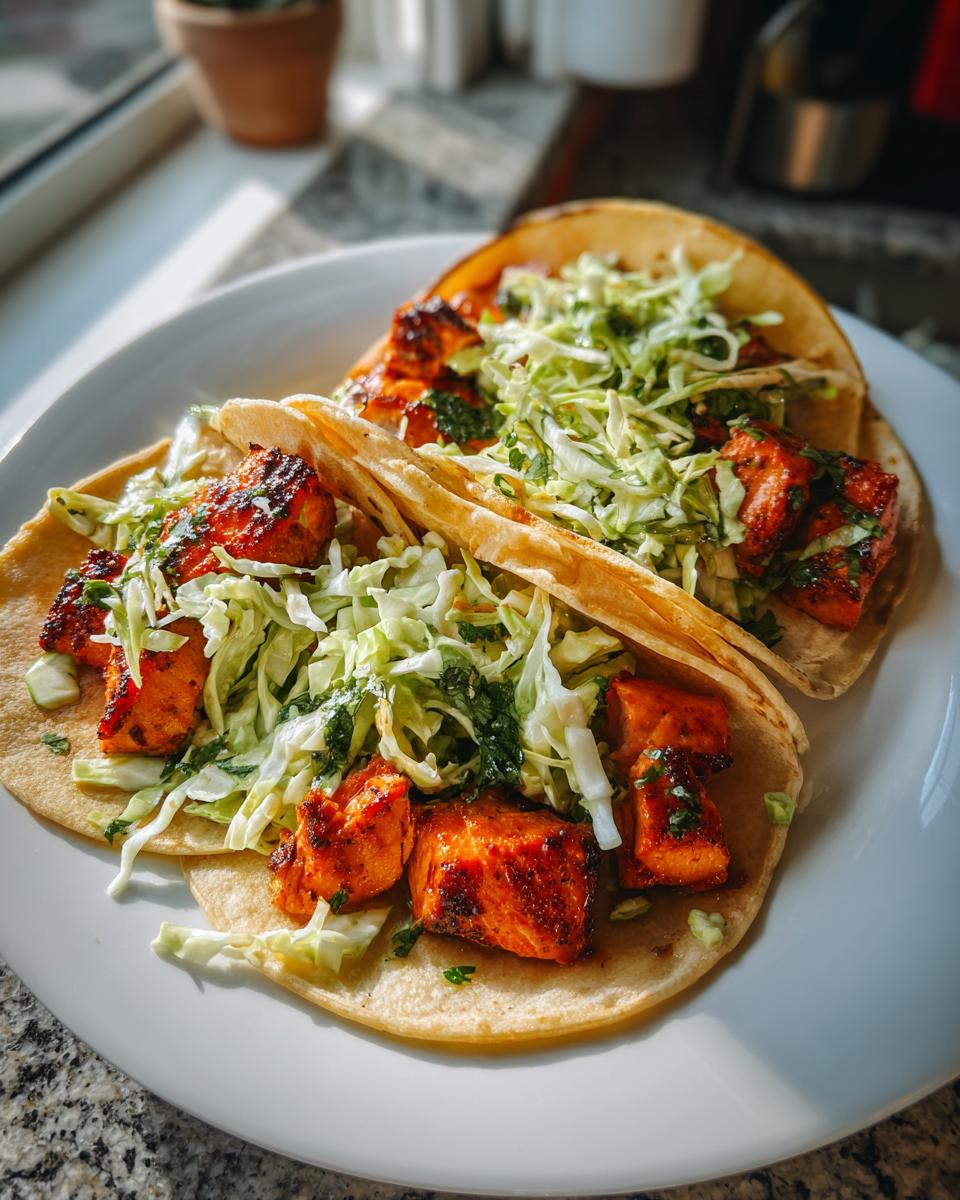 Close-up of two soft tortilla salmon tacos filled with blackened salmon chunks and shredded cabbage slaw.