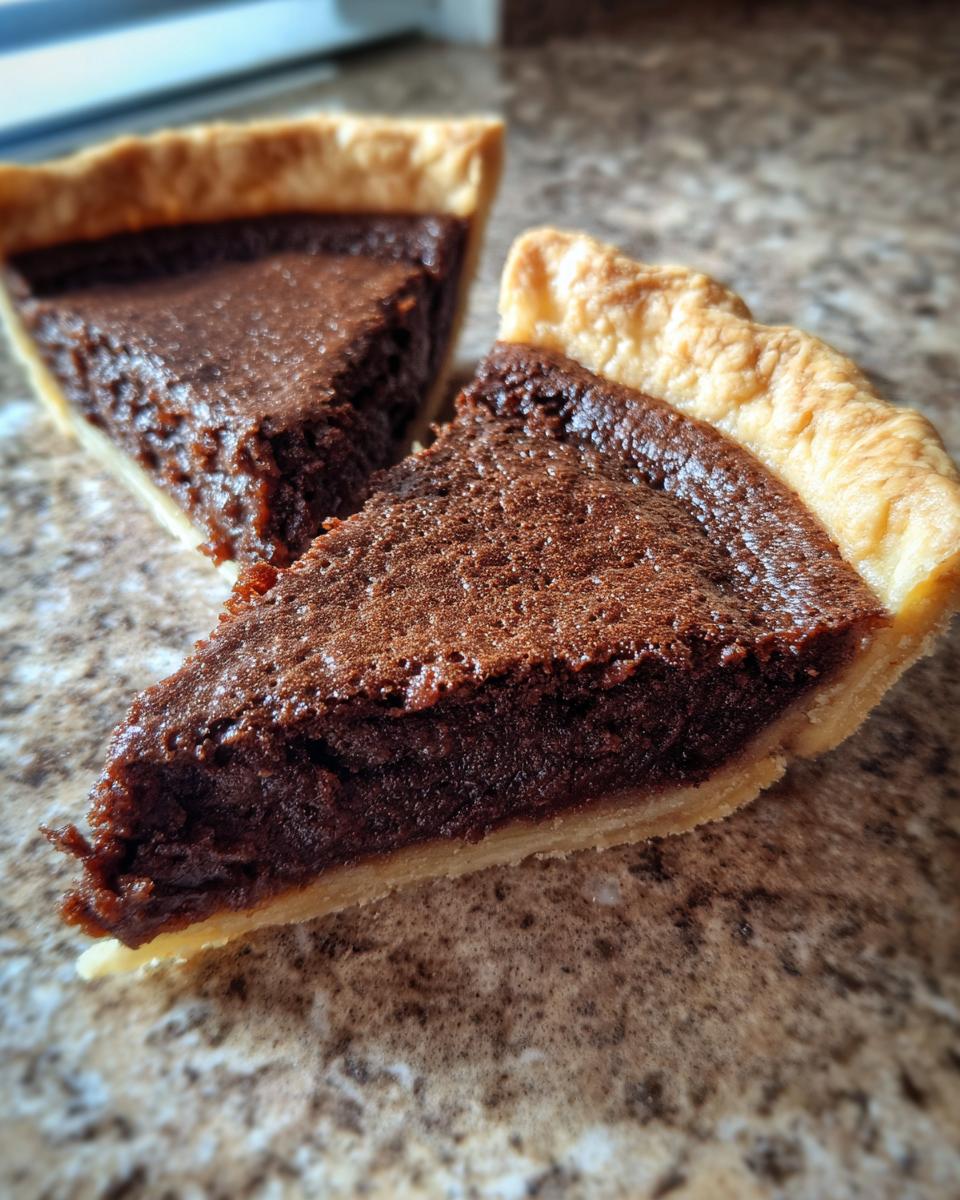 Two slices of rich, dark chocolate chess pie with a flaky crust resting on a speckled countertop.