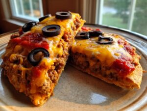 Close-up of two thick slices of mexican pizza topped with seasoned beef, melted cheese, salsa, and black olives.