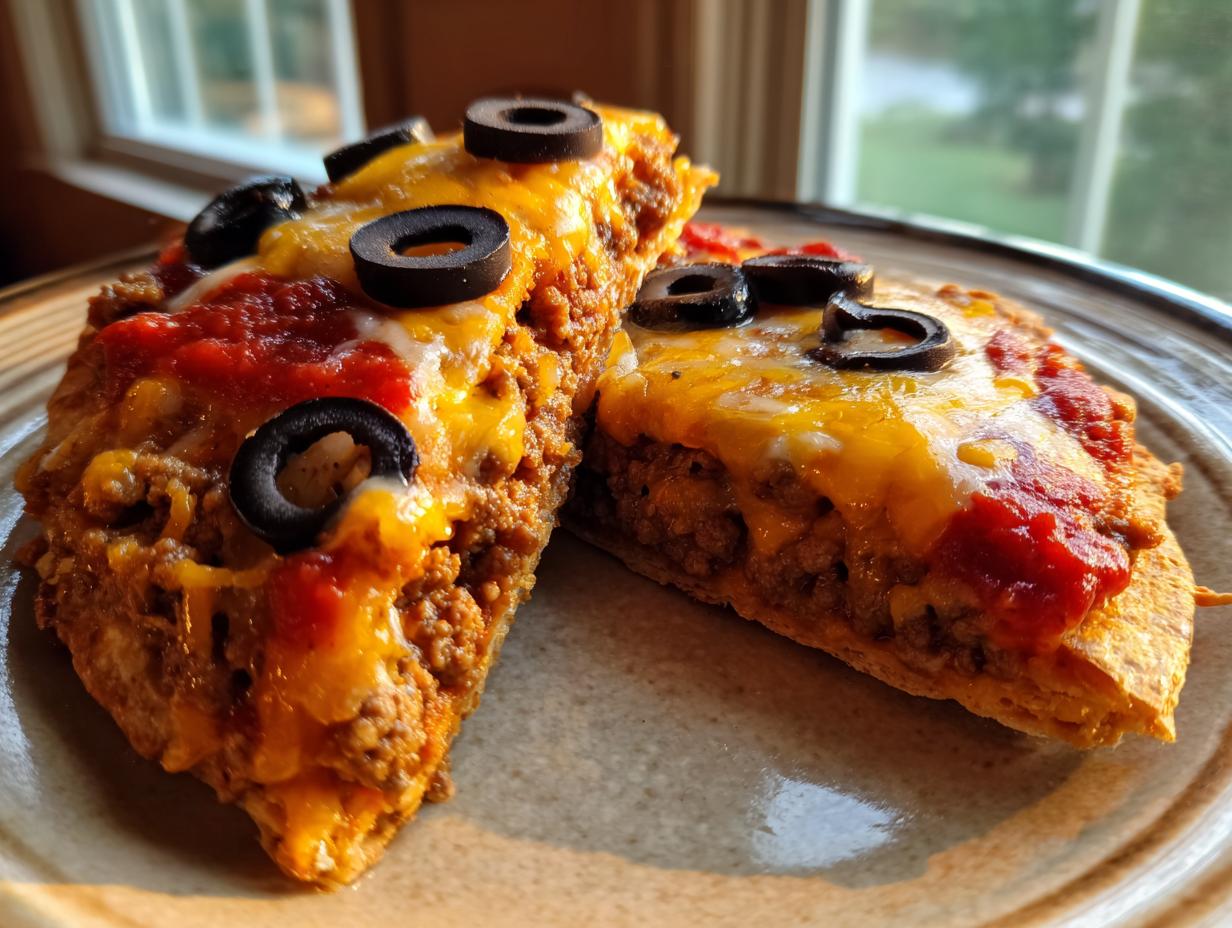 Close-up of two thick slices of mexican pizza topped with seasoned beef, melted cheese, salsa, and black olives.