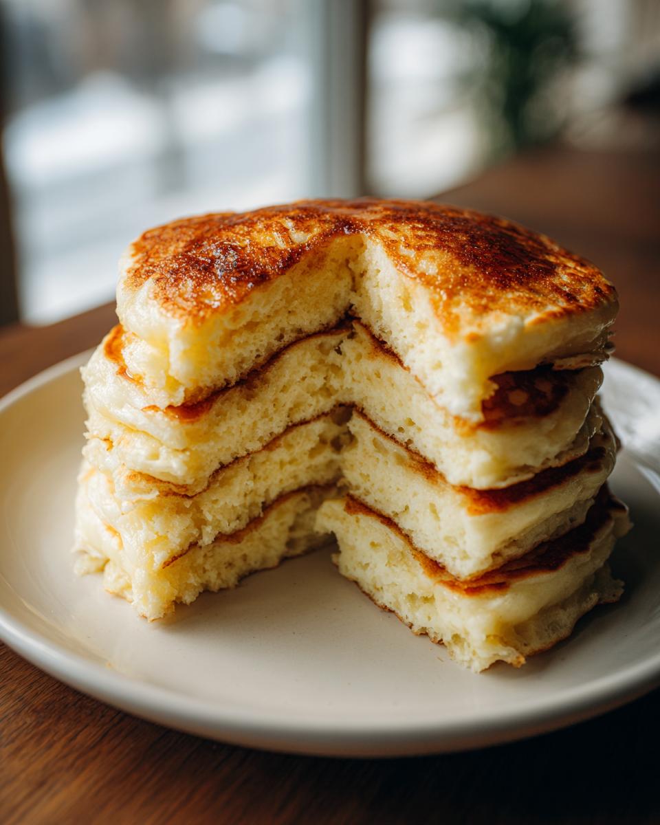 A tall stack of four incredibly fluffy pancakes with a piece cut out, showing the airy interior texture.