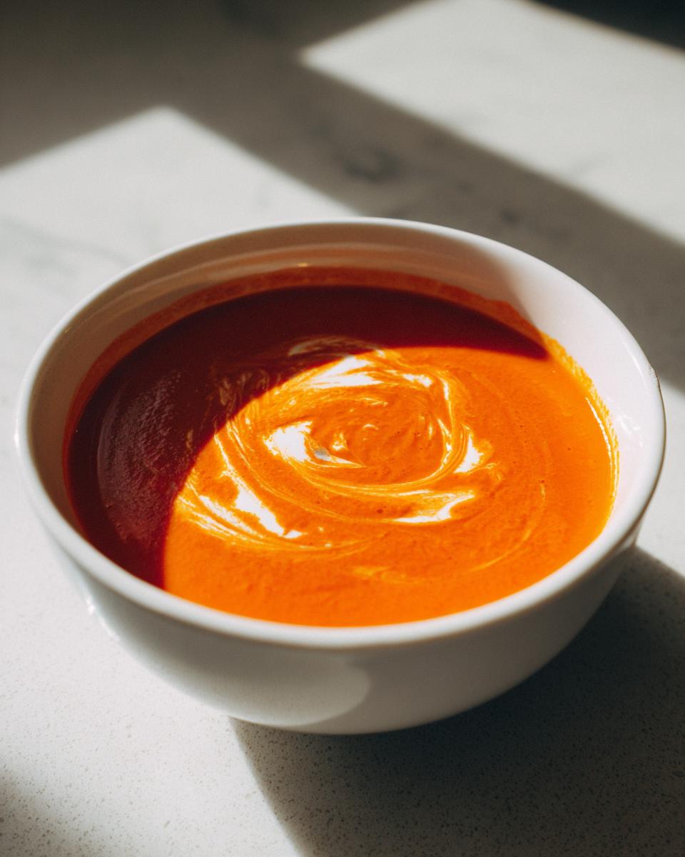 Close-up of a bowl of vibrant orange tomato bisque, topped with a swirl of cream.