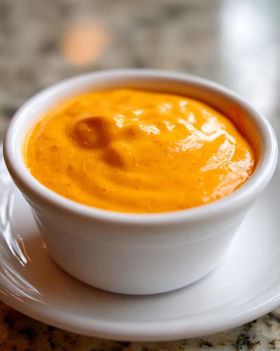 A close-up shot of vibrant, smooth orange beer cheese dip served in a small white ramekin on a saucer.