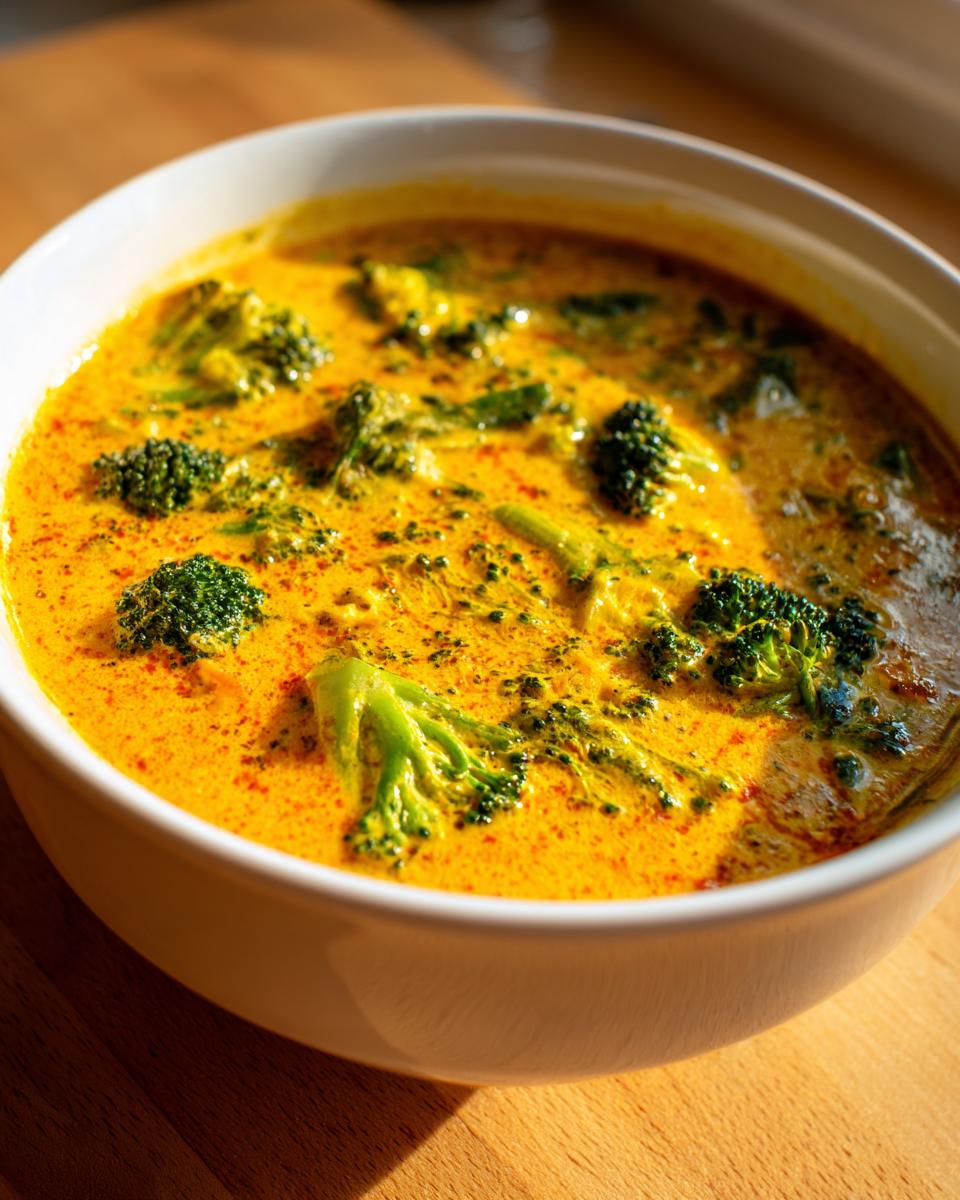 Close-up of a creamy, vibrant yellow bowl of broccoli cheddar soup, featuring bright green broccoli florets.