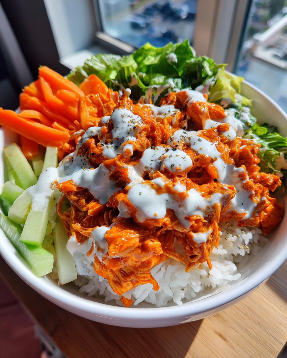 Close-up of a delicious buffalo chicken bowl featuring shredded orange chicken, white rice, carrots, celery, lettuce, and ranch dressing.