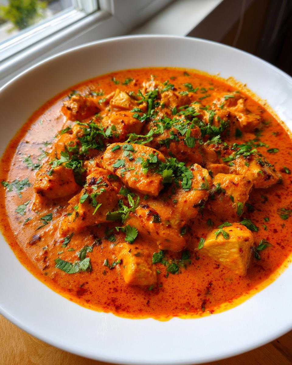 Close-up of tender chicken pieces in a vibrant, orange-red sauce, garnished with fresh cilantro, representing delicious butter chicken.