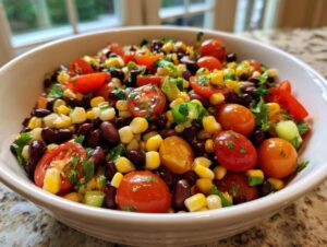 Close-up of a white bowl filled with colorful cowboy caviar featuring black beans, corn, cherry tomatoes, and cilantro.