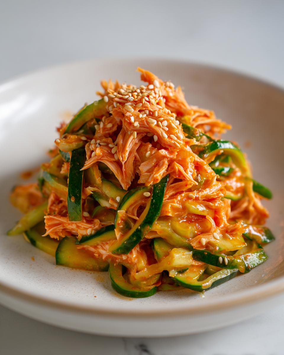 A close-up of a vibrant kani salad featuring shredded imitation crab and thinly sliced cucumbers tossed in a spicy orange dressing, topped with sesame seeds.