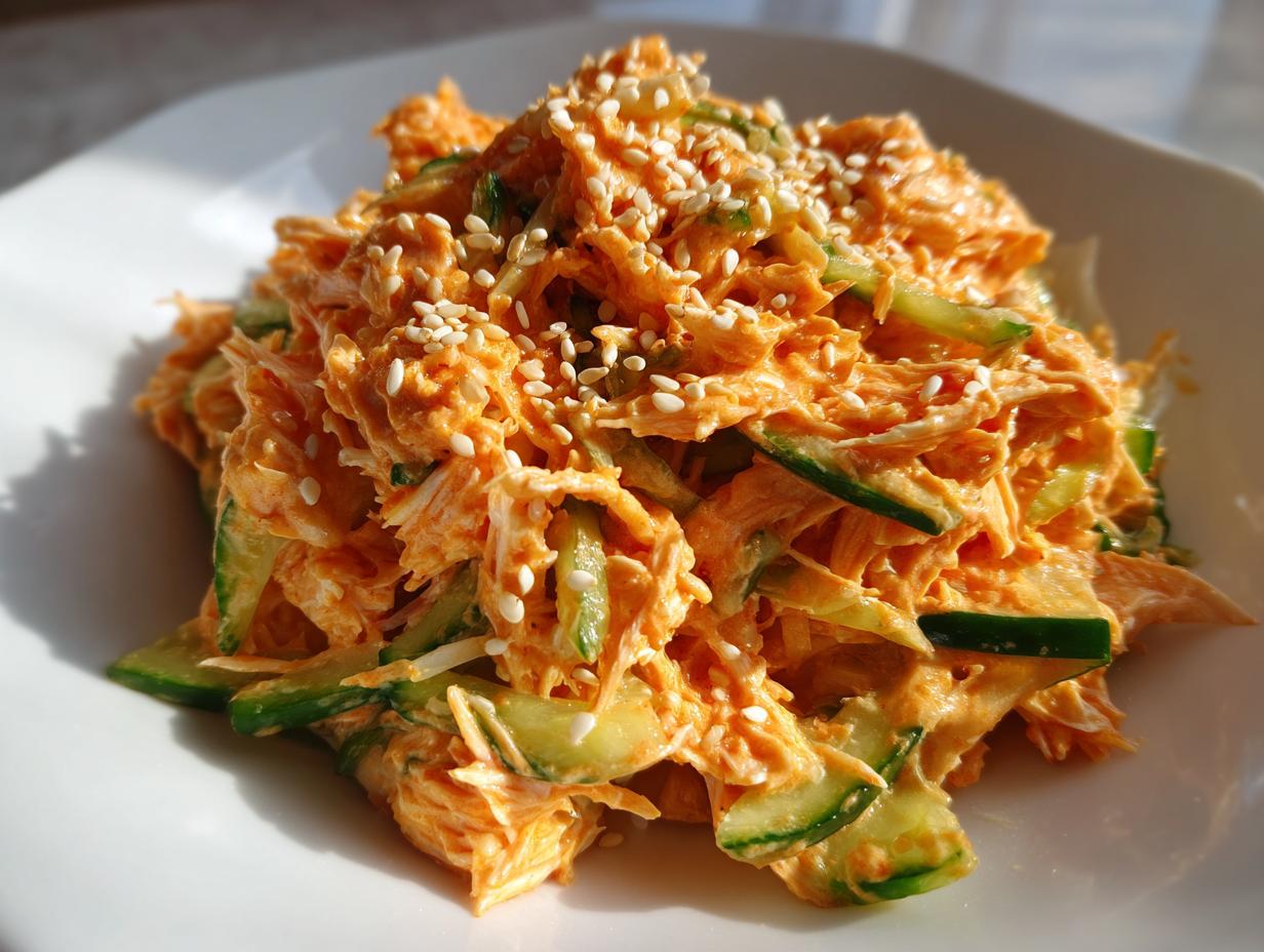 Close-up of a vibrant orange kani salad mixed with sliced cucumbers and topped generously with toasted sesame seeds.