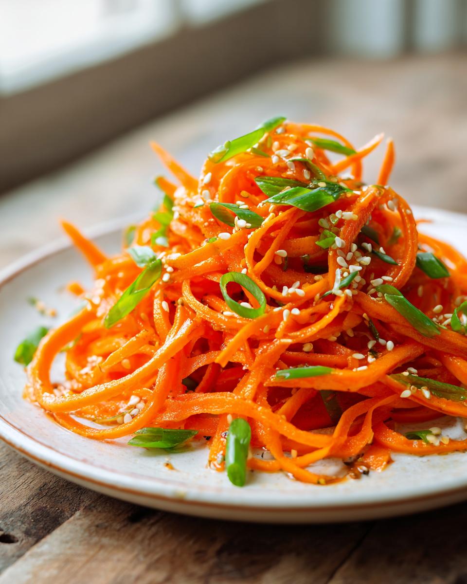 A close-up of a vibrant raw carrot salad, featuring spiralized carrots tossed in dressing, topped with green onions and sesame seeds.