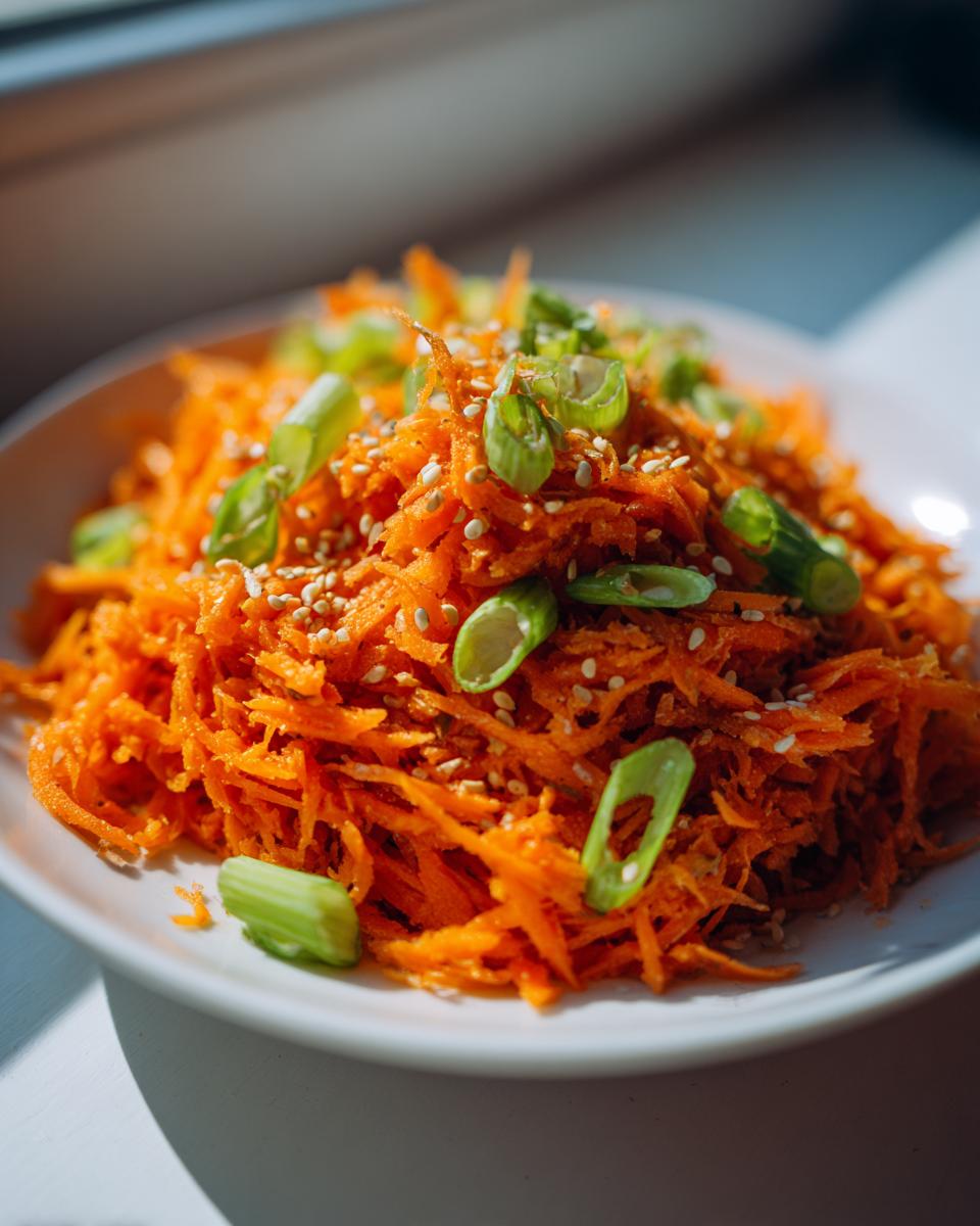 A close-up of a vibrant raw carrot salad, shredded and topped with sesame seeds and sliced green onions.