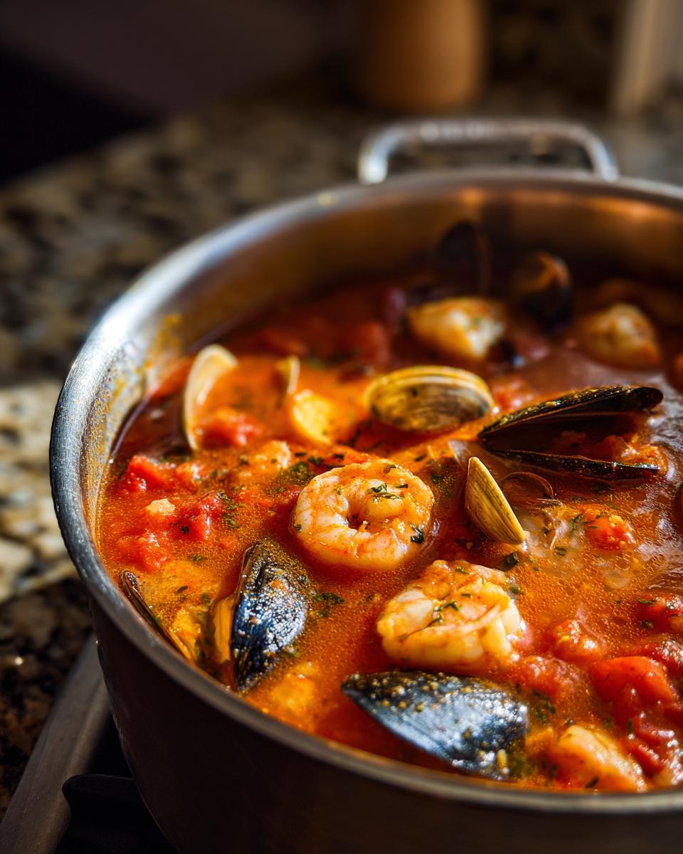 Close-up of vibrant, tomato-based seafood soup with shrimp, mussels, and clams cooking in a pot.