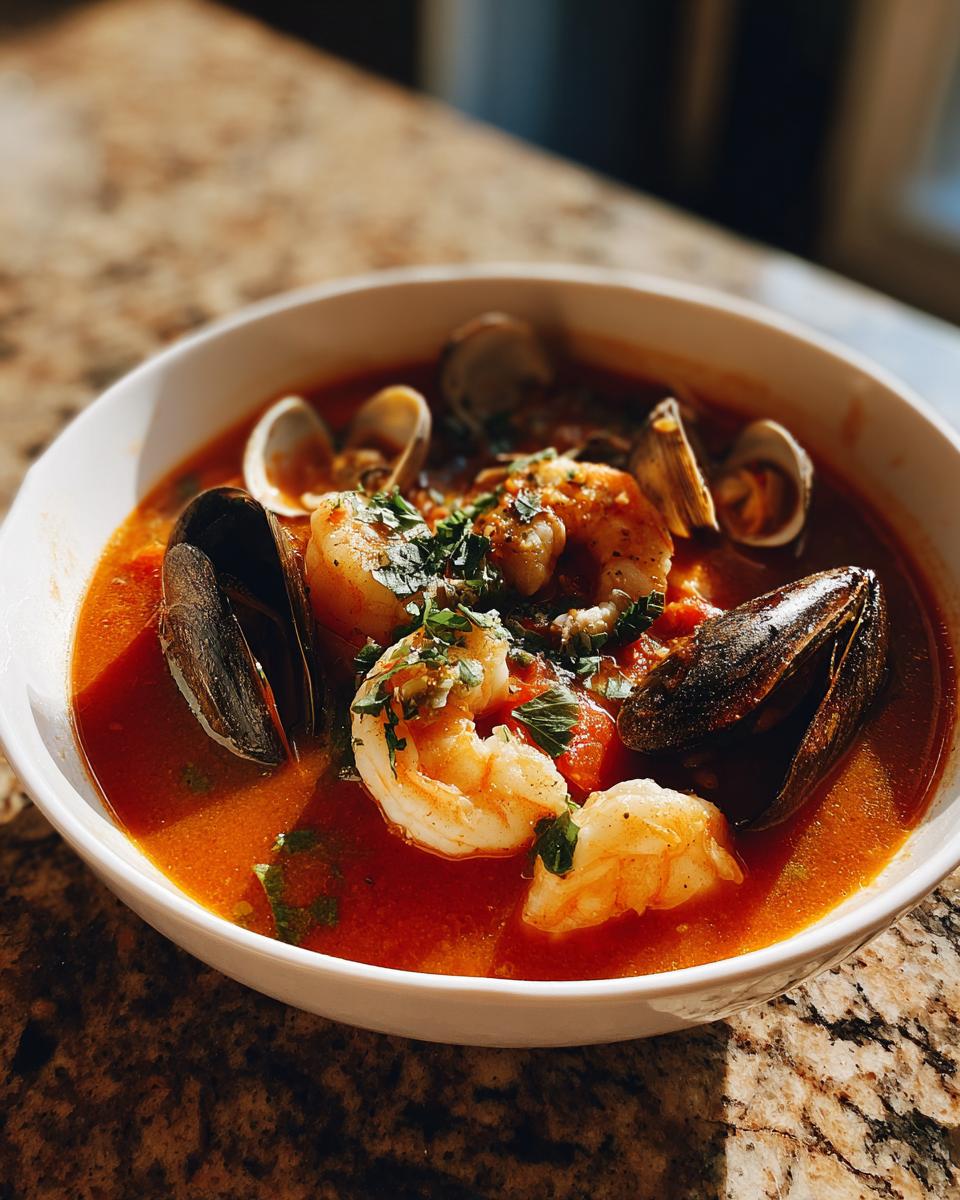 Close-up of a vibrant red seafood soup featuring shrimp, mussels, and clams, garnished with fresh parsley.