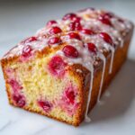 A moist, golden loaf of vintage cherry cake, topped with whole cherries and a white vanilla glaze drizzle.