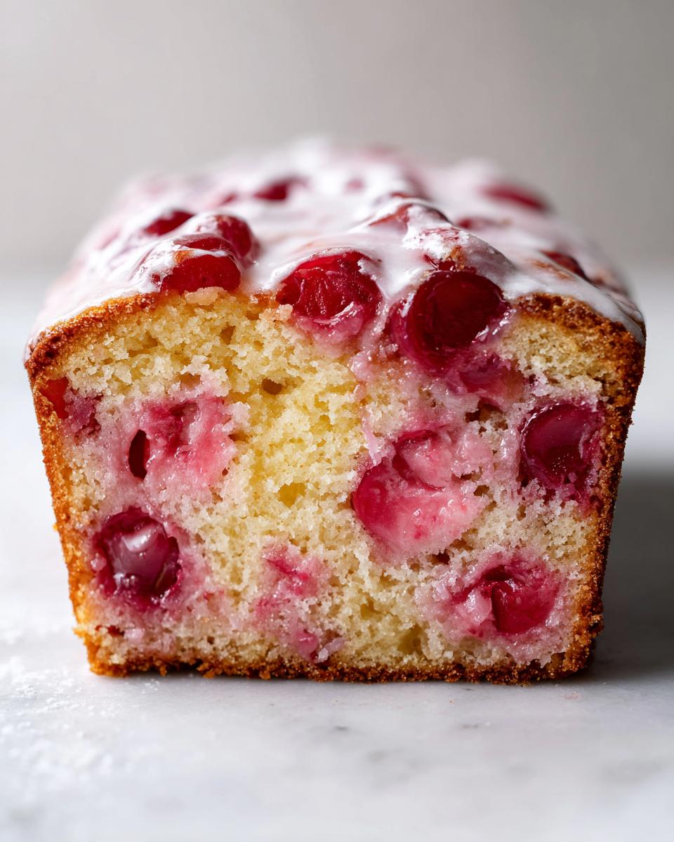 Cross-section view of a moist loaf of vintage cherry cake, studded with bright red cherries and topped with a white glaze.