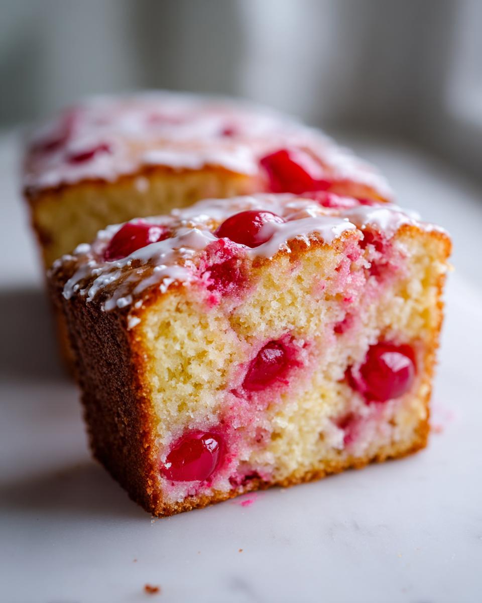 Close-up of a slice of moist yellow Cherry Cake studded with bright red candied cherries and topped with a thin white glaze.