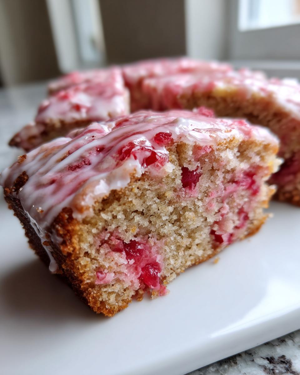 A close-up of a moist slice of vintage cherry cake, topped with a white and pink glaze showing chunks of bright red cherries.