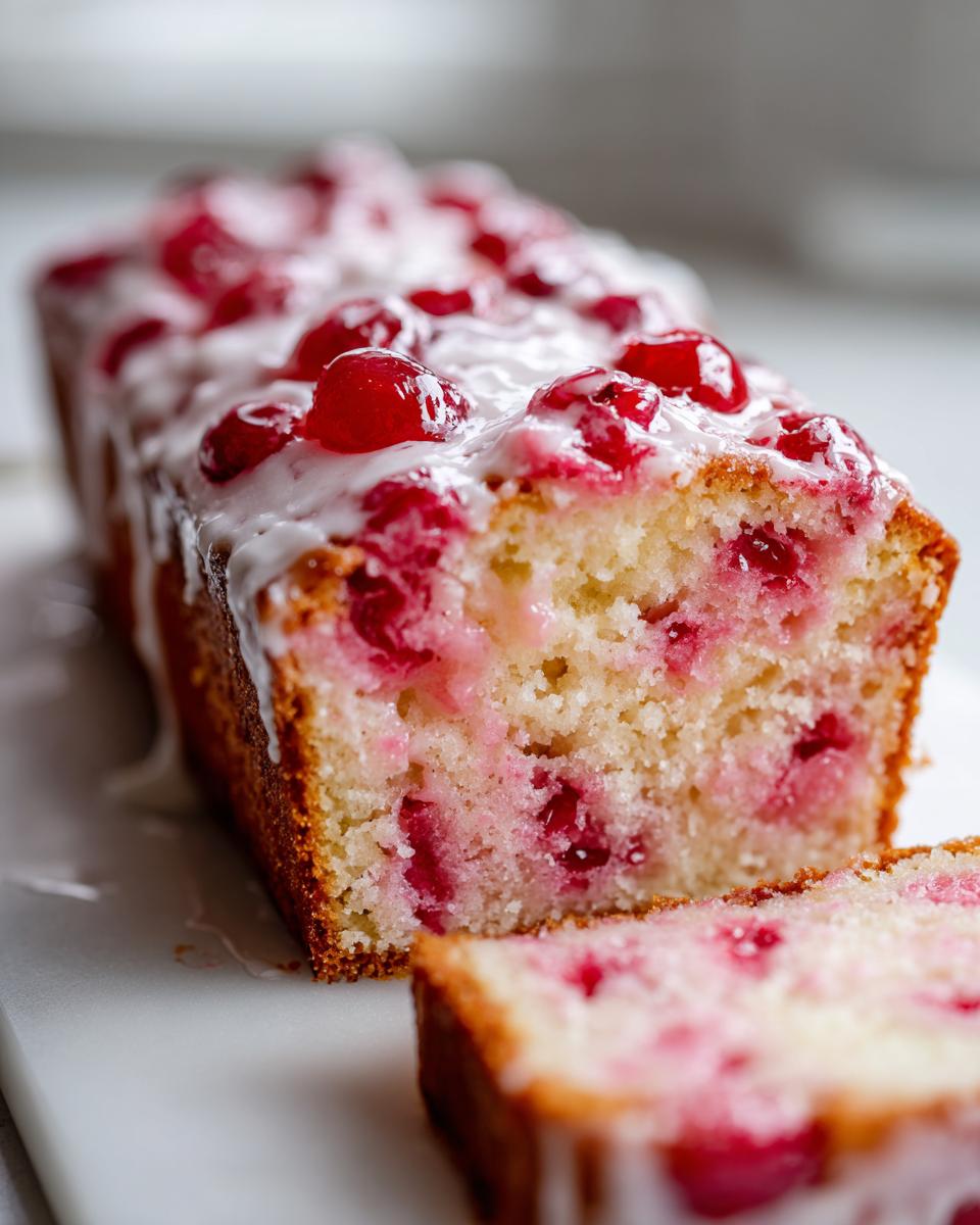 Close-up of a moist, sliced cherry cake loaf topped with bright red cherries and a white vanilla glaze.