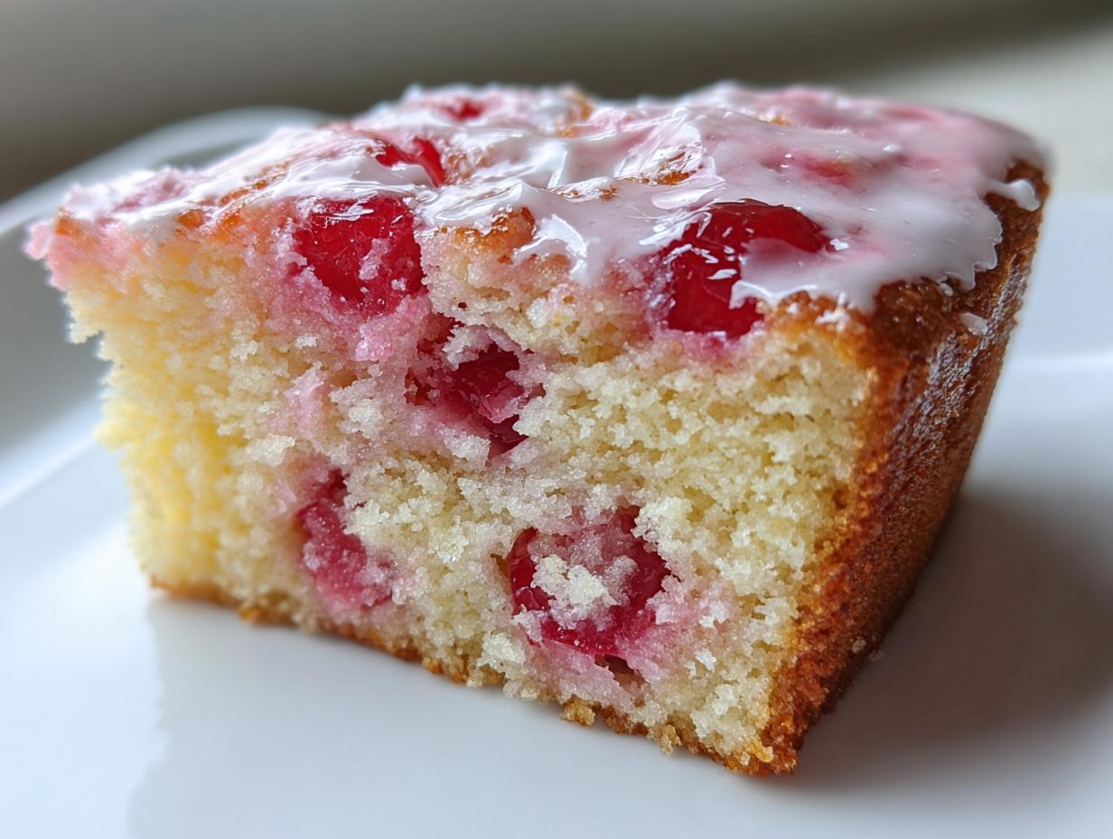Close-up of a moist slice of vintage cherry cake, studded with bright red cherries and topped with a thin white glaze.