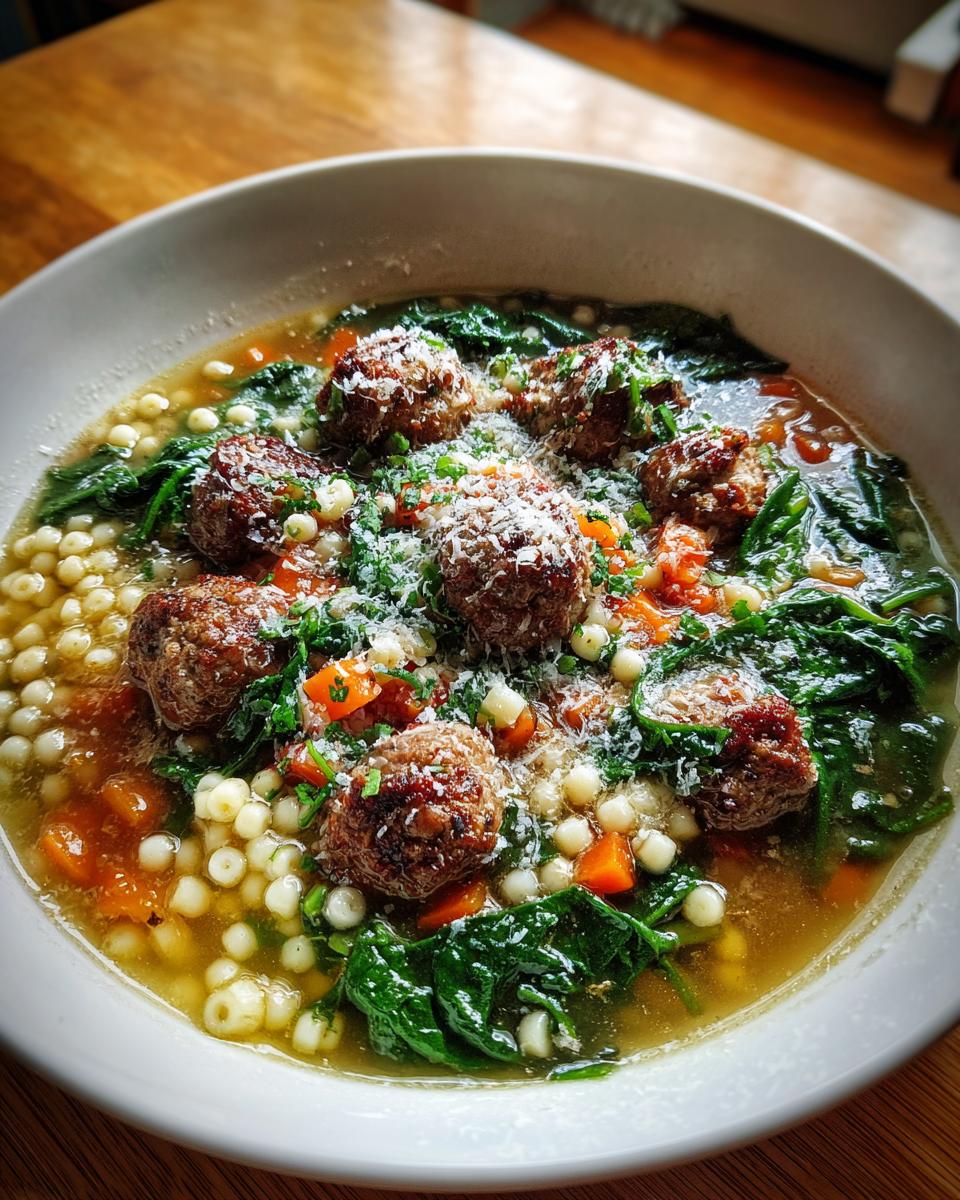 Close-up of a bowl of wedding soup featuring small meatballs, acini di pepe pasta, spinach, and grated Parmesan cheese.