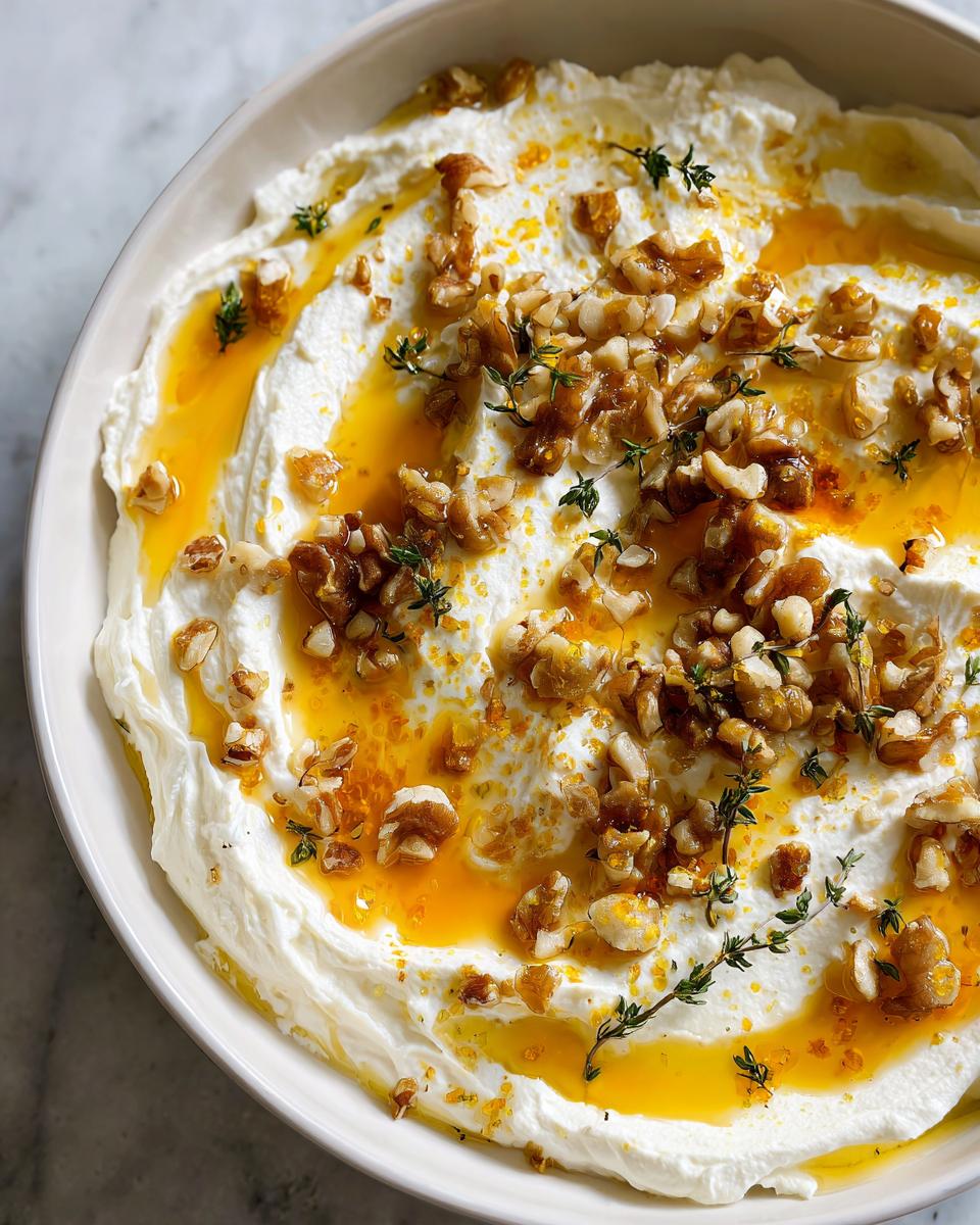 Close-up of creamy whipped ricotta dip with hot honey drizzle, chopped walnuts, and fresh thyme.