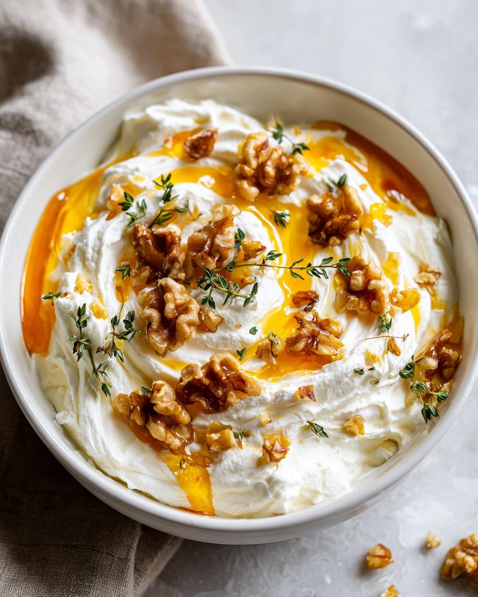 A white bowl filled with creamy whipped ricotta dip topped with hot honey, walnuts, and fresh thyme sprigs.