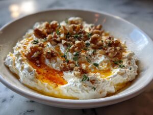 A white bowl filled with creamy whipped ricotta dip topped with hot honey, walnuts, and fresh thyme.
