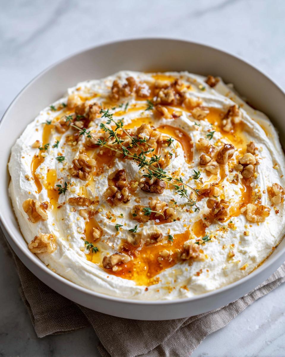 A bowl of creamy whipped ricotta dip with hot honey drizzle, chopped walnuts, and fresh thyme.