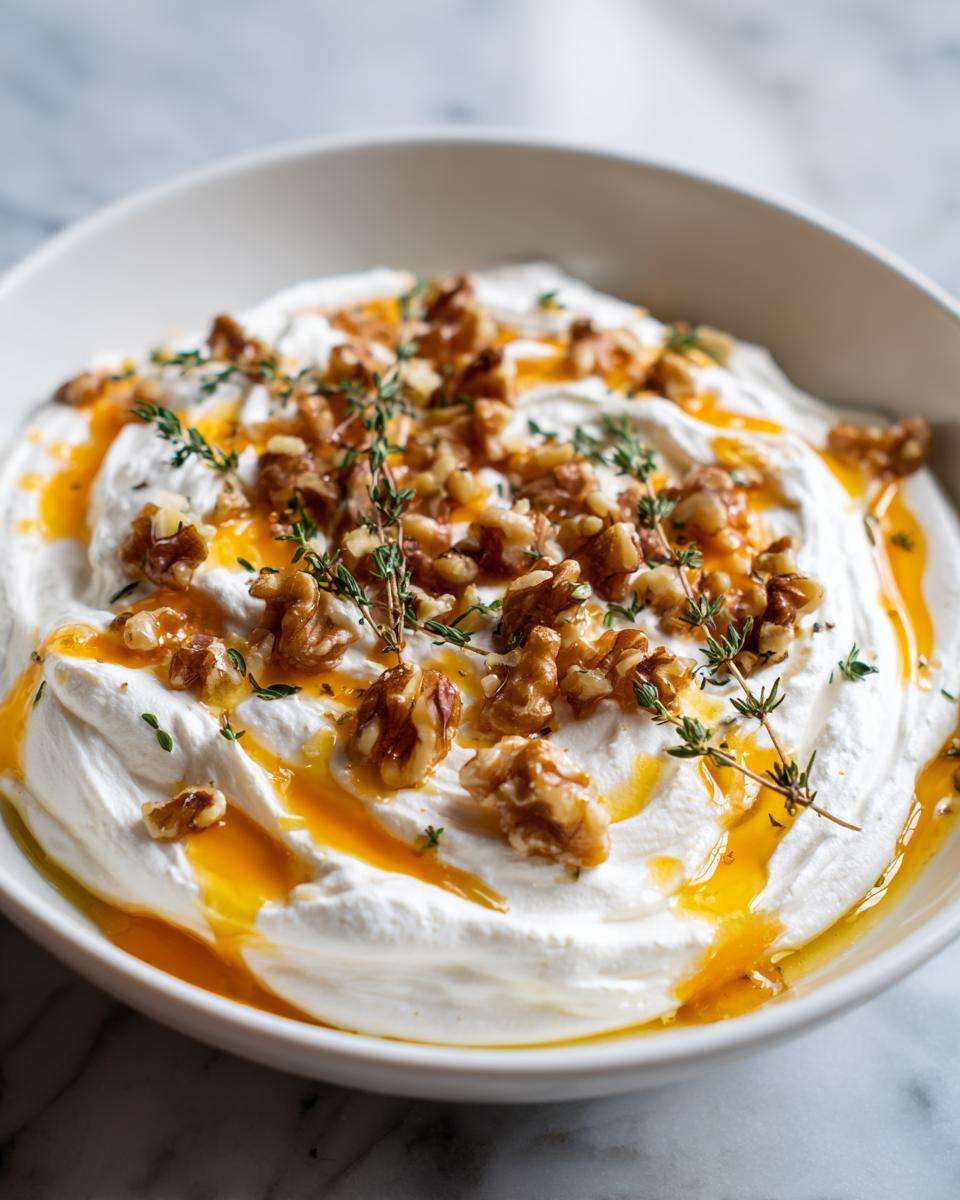 Close-up of creamy whipped ricotta dip with hot honey drizzle, topped with walnuts and fresh thyme.