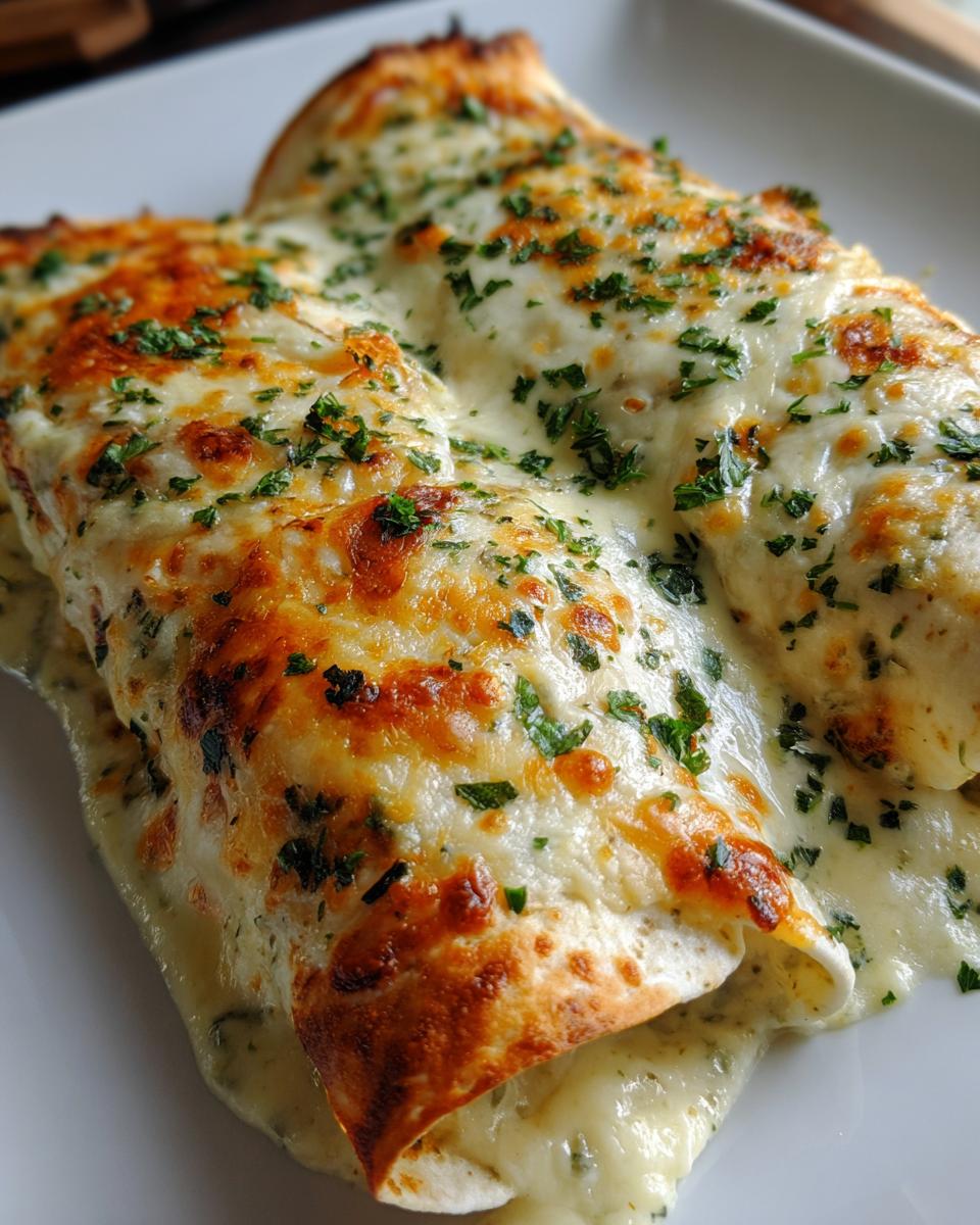 Two rolled white chicken enchiladas smothered in creamy white sauce and melted, bubbly cheese, topped with fresh parsley.