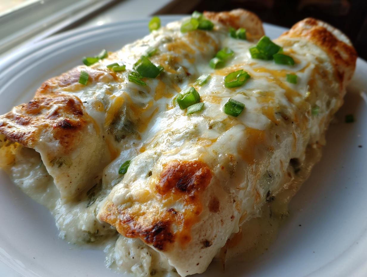 Close-up of two baked white chicken enchiladas smothered in creamy sauce and melted cheese, topped with green onions.