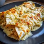 Two rolled white chicken enchiladas smothered in creamy white sauce and melted, slightly browned cheese.