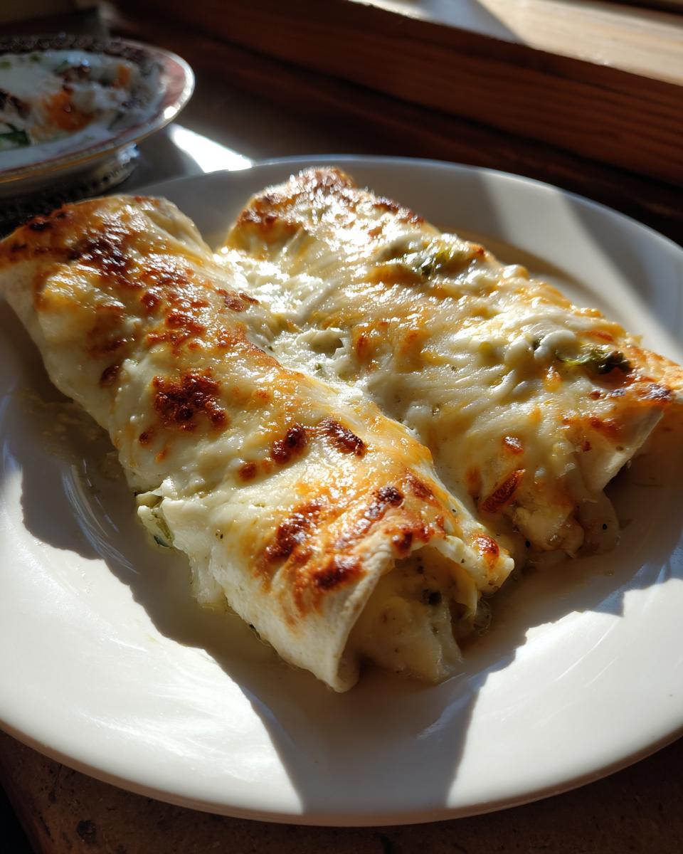 Two delicious white chicken enchiladas covered in bubbly, browned melted cheese served on a white plate.