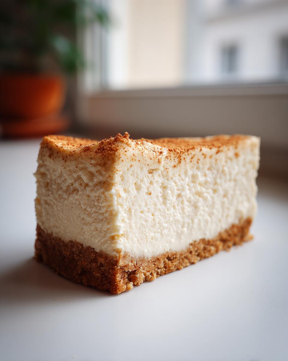 A thick slice of creamy white chocolate cheesecake with a graham cracker crust, dusted lightly with cinnamon.